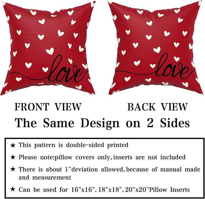 Giwawa Valentines Day Pillow Covers Set of 2 Red White Love Hearts Throw Pillowcases Romantic Double Sided Decorative Cushion Covers 16x16inch for Sofa Couch Bedding Wedding