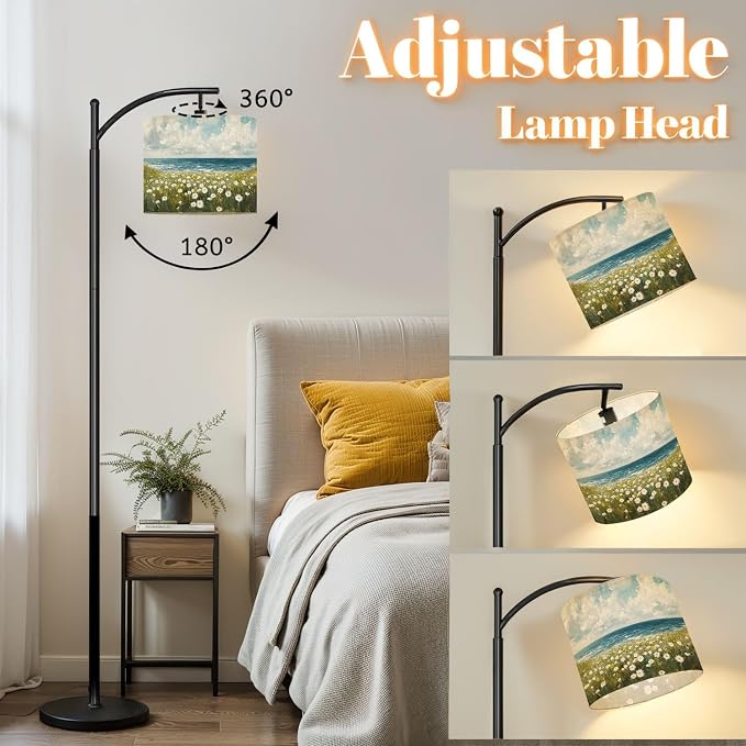Arc Floor Lamp Farmhouse Boho Beach Coastal Vintage Floral Ocean Daisy Flowers Sea Dimmable Modern Standing Lamp with Remote Adjustable Drum Shade Footswitch Tall Pole Lamp for Living Room Bedroom