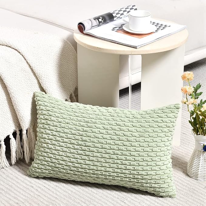 Fancy Homi 2 Packs Sage Green Decorative Throw Pillow Covers 12x20 Inch for Couch Bed Sofa, Modern Farmhouse Boho Home Decor, Soft Cute Plush Corduroy Cushion Case 30x50 CM