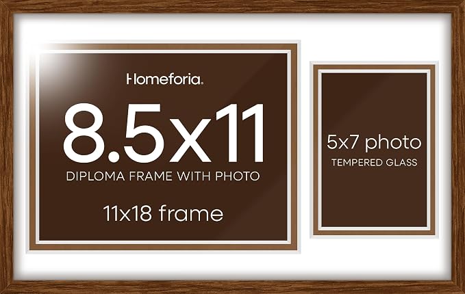 Homeforia 11x18 Brown Oak Diploma Frame, High-End Wood, 8.5x11 & 5x7 Mat