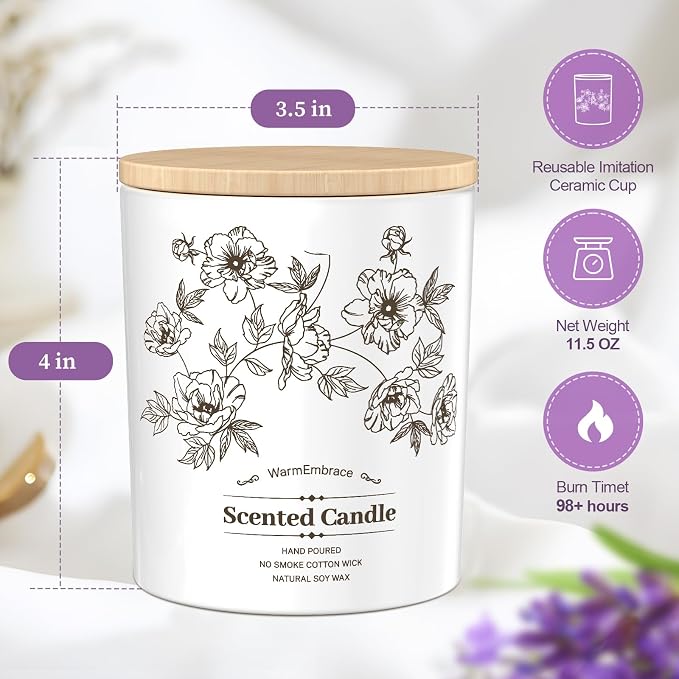 WarmEmbrace Deluxe Scented Candle for Women & Men, Lavender, 11.5 Oz | Soy Wax Jar Candle, Up To 98 Hours Of Burn Time& A Reusable Ceramic-Style Jar For Home Decor Or Gifting