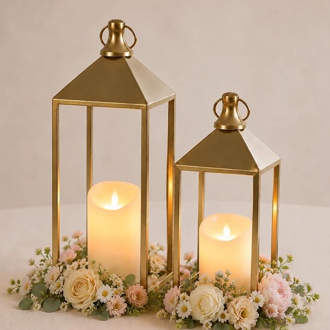 Decorative Candle Lanterns Indoor, 2 Pcs Gold Metal Lanterns with Candles | No Glass for Covered Front Porch Patio, Fireplace Mantel Decor, 15" 11" Decorative Lanterns for Wedding Table Centerpiece
