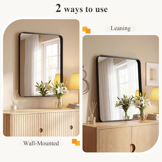 NEWBULIG Bathroom Mirror for Over Sink, 20X28 Inch Wall Vanity Mirror | Wall Mount, Tempered Glass, Anti-Rust Metal Framed, Rounded Rectangle, Farmhouse Home Decor, Black