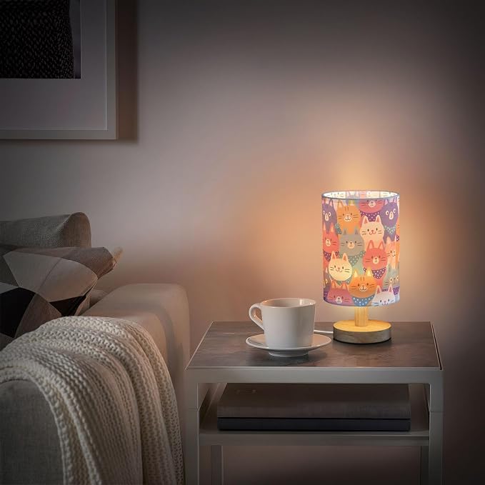 Bedside Lamp Cartoon Cat Table Lamp for Bedroom LED Nightstand Lamp Shade USB Ports Wood Base for Living Room Dorm Office