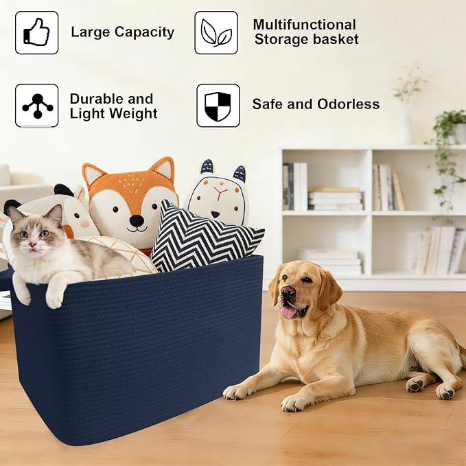 96L Woven Laundry Basket with Handles, Extra Blanket Basket,Navy | 24"×16"×15" Collapsible Cotton Rope Storage Basket for Toys Clothes & Pillows, Nursery, Bathroom, Bedroom, Living Room