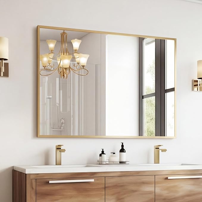 Sweetcrispy Bathroom Mirror, 30" x 40" Rectangle Wall Mount Mirrors | Modern Vanity Mirror with Tempered Glass, Metal Frame, for Home Decor, Anti-Rust, Gold