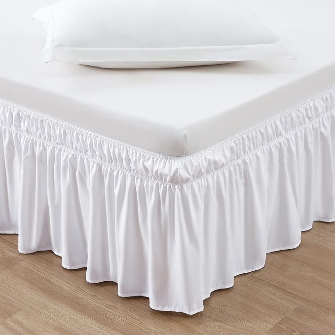 MEILA Wrap Around Elastic Bed Skirt for Twin & Full Beds, 24" Drop, White | Three-Side Adjustable Elastic Dust Ruffle, Ruffled Polyester Fabric, Easy to Install, Fade Resistant & Machine Washable