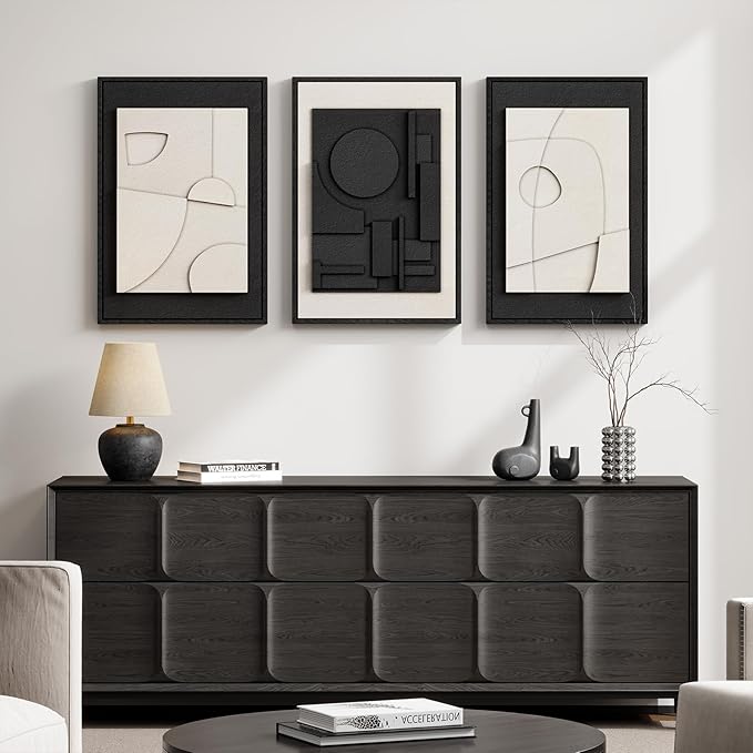 3D Textured Framed Black and White Abstract Wall Art Set of 3, 16x24 In | Solid wood frames, raised circles lines and blocks, modern minimalist wall decor for bedroom living room and dining room