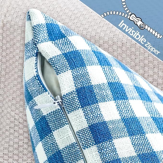 Coastal Decor Light Blue Gingham Plaid Decorative Pillow Covers 20x20 | Set of 2 Blue Pillow Covers 20 x 20, Vintage Farmhouse Cottage Core Decor for Couch Bed, Fundas Para Cojines De Sala Navidad
