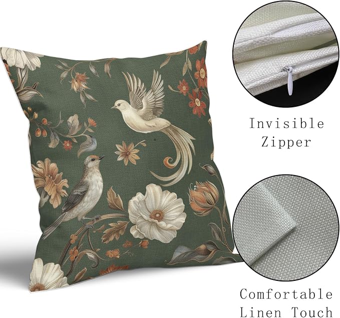 Kawani Vintage Floral Pillow Covers 18x18 Inch Set of 2 Green Chinoiserie Flower and Bird Outdoor Decorative Throw Pillows Retro Rustic Pillowcases Farmhouse Cushion Covers for Couch Home Decor