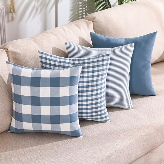 Light Dusty Blue Buffalo Check Plaid Throw Pillow Covers 18x18 Set of 4 | Soft & Durable Decorative Couch Pillow Case Cushion Covers 18 x 18, Light Dusty Blue Throw Pillows, Gingham Checkered Striped