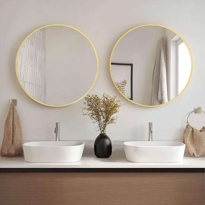 Gold Round Mirror 20 inch, 2 Pack Circle Mirror,Brushed Metal Frame | High Definition Mirror, Rust-resistant, Easy installation, Round Mirrors for Bedroom, Guest Room, Baby room, Vanity