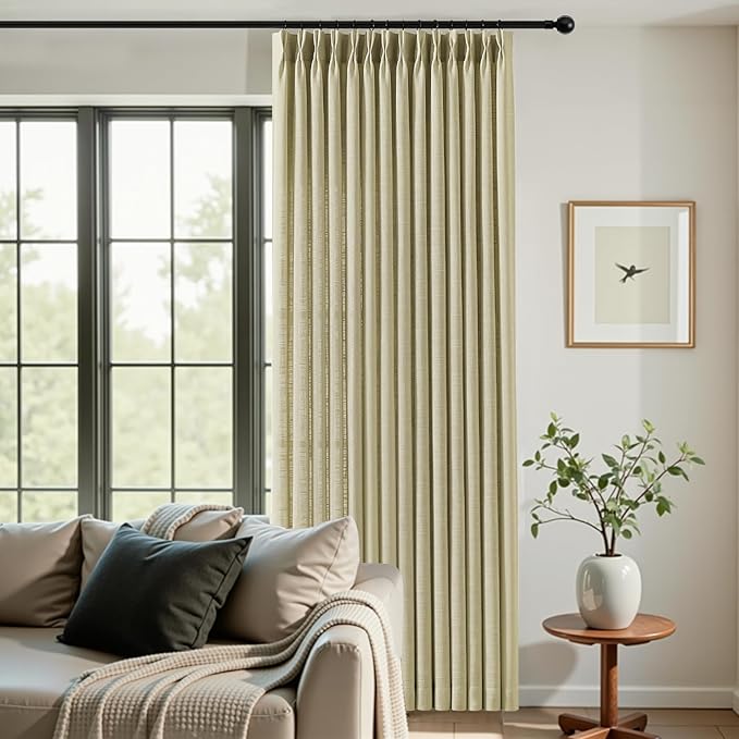 Extra Wide Pinch Pleated Semi Sheer Linen Curtains Light Filtering, 60X90 | Living Room, Linen Blend, Pinch Pleat, Linen Blend, Hook Rings, Non See Through, Privacy, Sliding Door, Grey Beige, 1 Panels