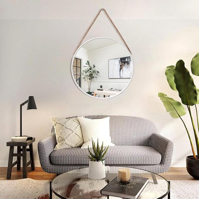 Hanging Circle Mirror Modern Metal Framed Round Mirrors Wall Decorative Rope Hanging Mirrors with Bead for Living Room Entryway Bathroom Bedroom White 18"