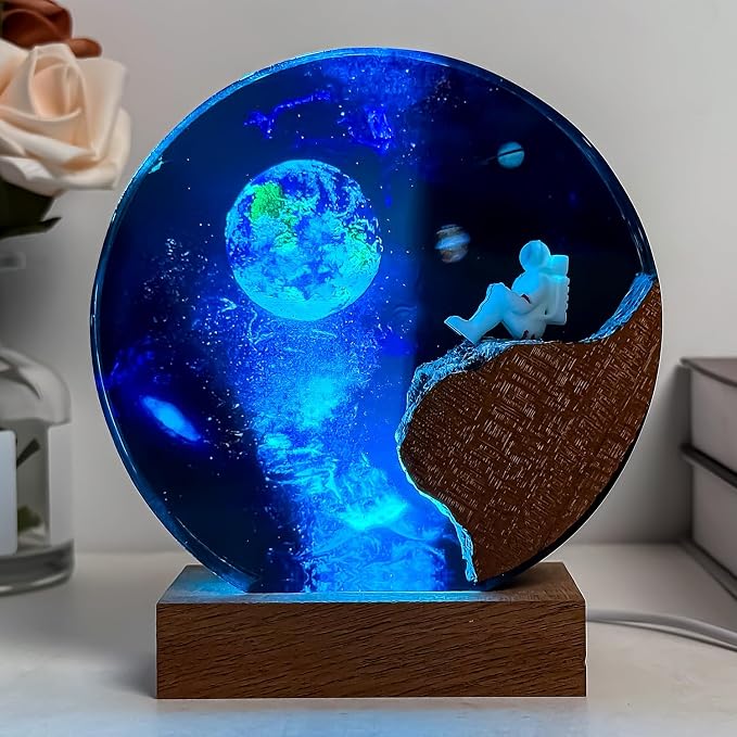 Handmade Galaxy Resin Lamp with Wooden Base