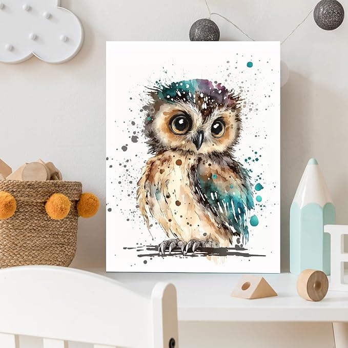 C8BUSIS Cute Owl Canvas Wall Art Watercolor Abstract Animal Prints Splash-ink Bird Pictures Modern Framed Artwork for Bedroom Living Room Kitchen Bathroom Office Farmhouse Wall Decor, 12"x16"