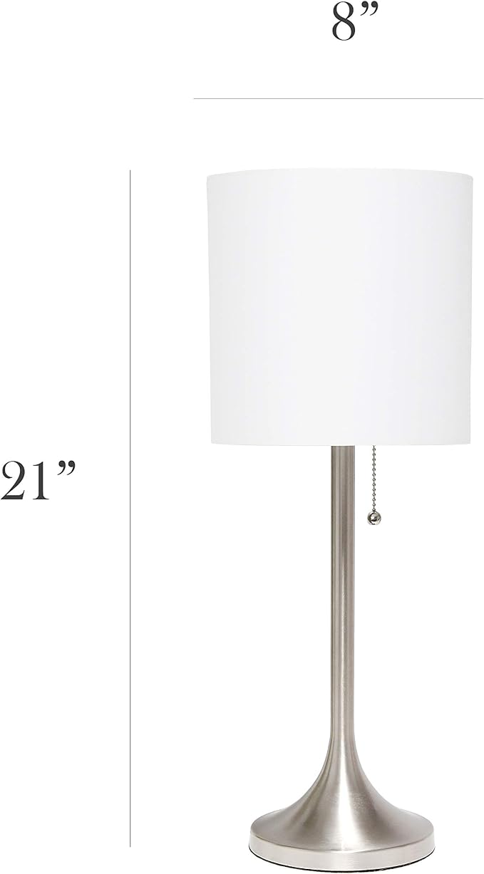 Simple Designs LT1076-BNW Tapered Fabric Drum Shade Table Lamp, Brushed Nickel and White