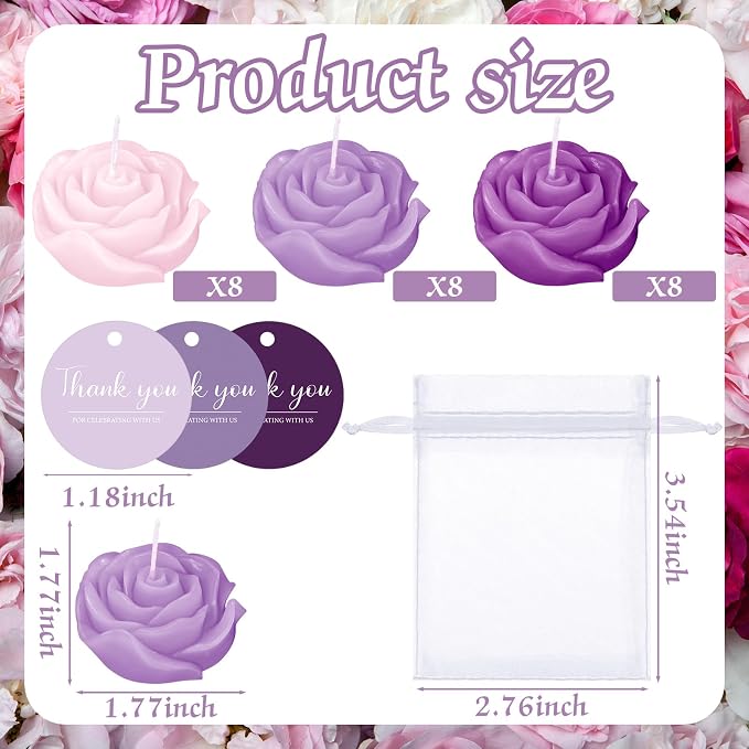 Treela 50 Set Rose Flower Candles, Purple Wedding Favors for Guests