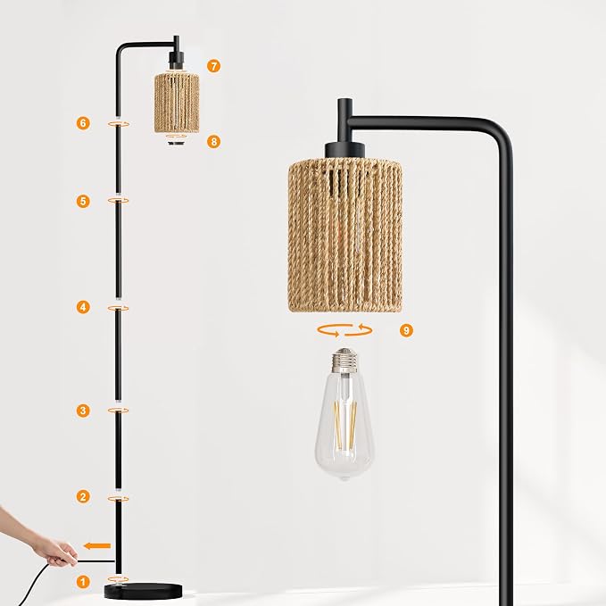 Oneach 66" Black Floor Lamp for Living Room, Boho Floor Lamp with LED Bulb, Rattan Shade, Foot Switch, Industrial Tall Standing Lamp for Bedroom, Dining Room, Study Room, Office