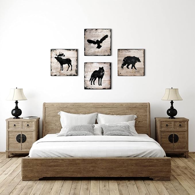Bear Decorations for Cabin Wild Animal Silhouette Bathroom Canvas Wall Art Decor Elk Wolf Eagle Woodland Nursery Prints Painting 20 x 20 Inch Wood Texture Background Living Room Kids Pictures 4 Panels