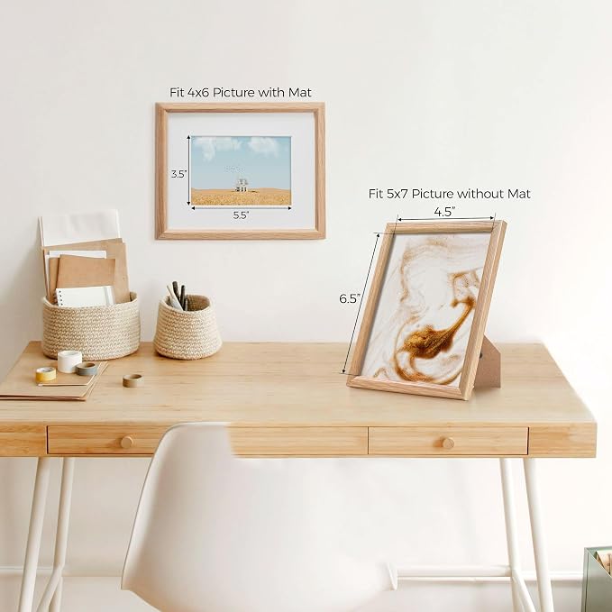 Fun Memories 5x7 Oak Picture Frame for Wall, 5x7 Frame with Matted to 4x6, Solid Wood Picture Frames for Wall Art Photo and Prints (Beige, 1 Pack)