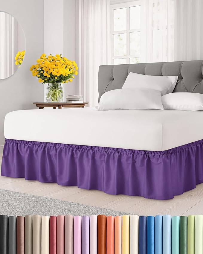 Wrap Around Dust Ruffle Bed Skirt, Full Size Beds - 24 Inch Drop, Purple | Easy Fit Elastic Strap, Adjustable Pleated Bedskirt w/Brushed Fabric, Wrinkle & Fade Free, for Women, Men, Kids & Teens