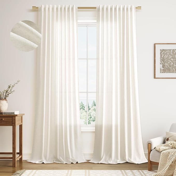 Extra Long Linen Curtains 112 Inches for Living Room Back Tab Sheer High Floor to Ceiling Light Filtering Curtain Farmhouse Window Drapes for Bedroom 2 Panels Cream Ivory Beige Natural