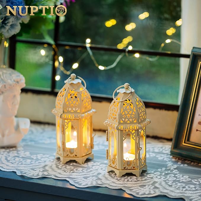 NUPTIO 6 Pcs Moroccan Style Candle Lantern - Small Sized Tealight Candle Holder with Transparent Glass Panels Great for Patio, Indoors/Outdoors, Events, Parties and Weddings, White