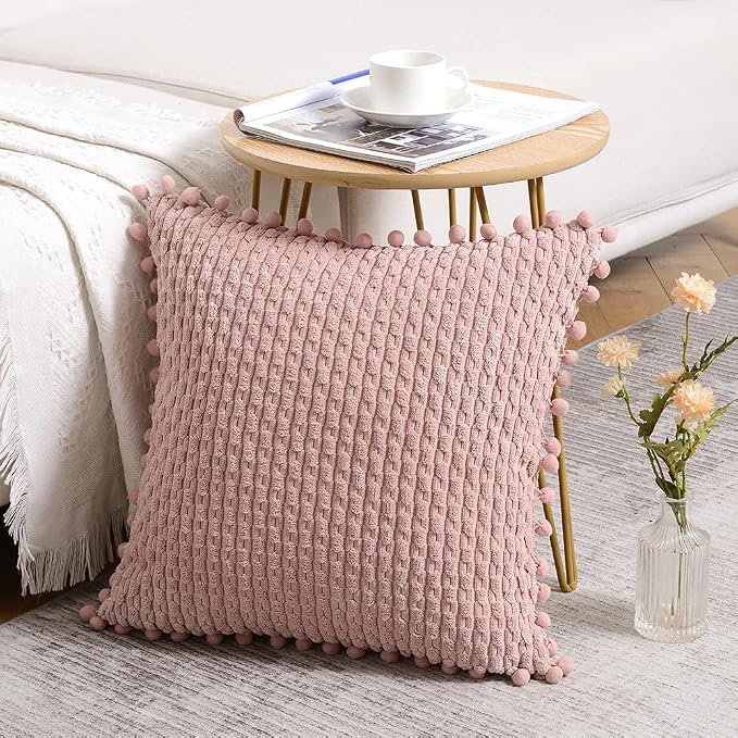 Fancy Homi 2 Packs Dusty Pink Decorative Throw Pillow Covers 16x16 Inch with Pom-poms for Couch Bed Sofa, Modern Farmhouse Boho Home Decor, Soft Cute Plush Corduroy Blush Cushion Case 40x40 CM