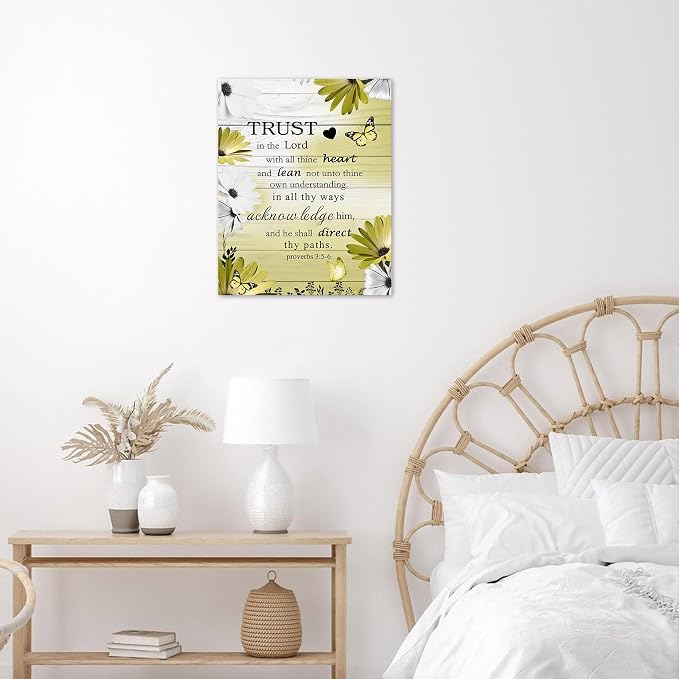 LB Yellow Floral Wall Art for Bathroom, Rustic Farmhouse 12x16 Inch | Christian Bible Verse, Vintage Grey Wood Framed Canvas Wall Art for Living Room, Wildflower Wall Pictures, Ready To Hang