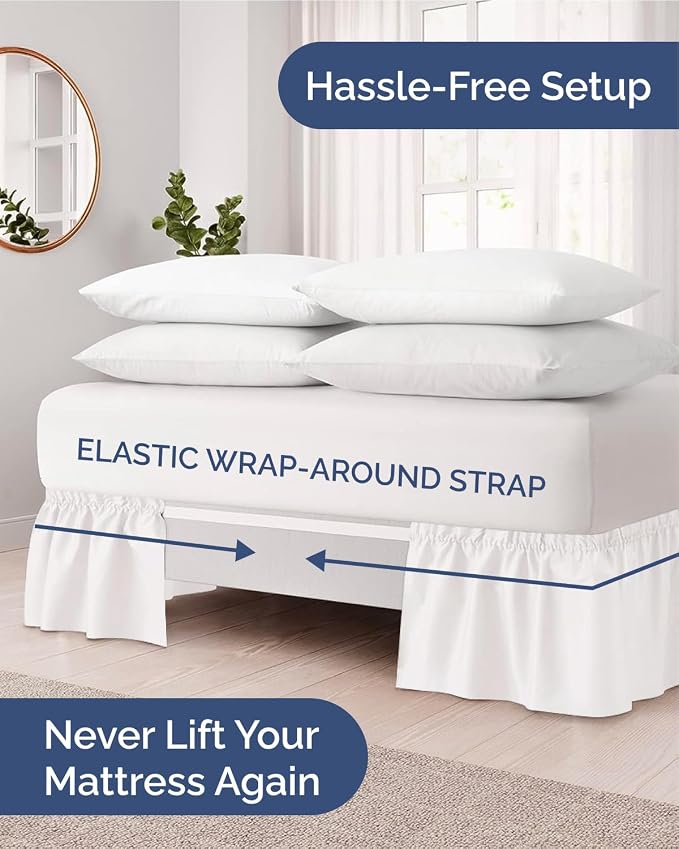 Wrap Around Dust Ruffle Bed Skirt, Queen Size - 12 Inch Drop, Antique White | Easy Fit Elastic Strap, Adjustable Pleated Bedskirt w/Brushed Fabric, Wrinkle & Fade Free, for Women, Men, Kids & Teens