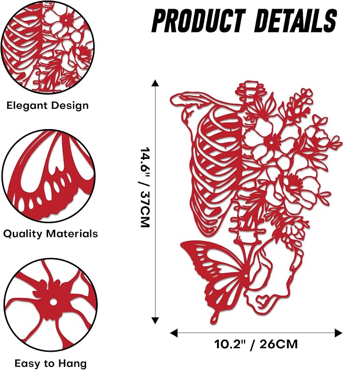 Rajukit Skull & Butterfly Wall Art, Gothic (Red) | 3D metal skeleton with flowers, red finish; waterproof; bedroom, gothic room, patio; halloween/goth; gift for women