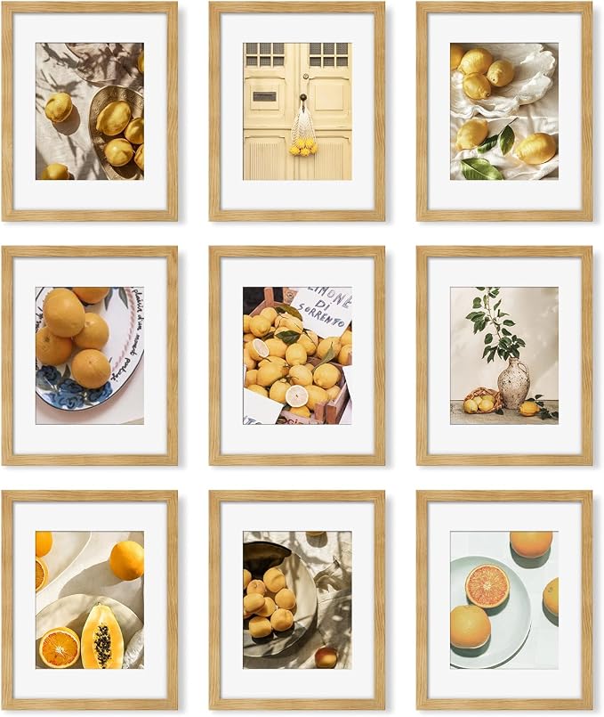 YESKAY 11x14 Picture Frame Set of 9, Photo Gallery Wall Frame Set, Display Pictures 8x10 with Mat or 11 x 14 Without Mat, Multi Photo Frames for Wall Mounting or Table Top Display, Natural Oak