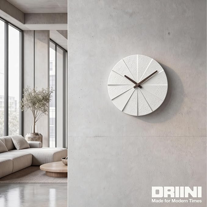 Driini Modern Wall Clock with No Numbers and Wooden Hands. White, 10.5 Inch | Silent battery operated quartz; frameless stepped polyresin face; decorative minimalist style for a living room or office.