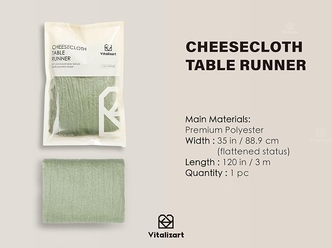 Vitalizart Cheesecloth Table Runner Sage Green 10ft Gauze Boho Rustic | 120 Inches Long Soft Durable Cheese Cloth Table Runner for Wedding Baby Shower Fall Thanskgiving Decoration