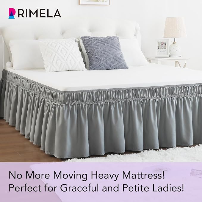 Grey Bed Skirt King Size 12 Inch Drop, Elastic Wrap Around Bedskirt | Solid Ruffled, Easy to Use, No Mattress Lifting, Wrinkle & Fade Resistant, with Adhesive Strips, Machine Wash/Dry/Iron