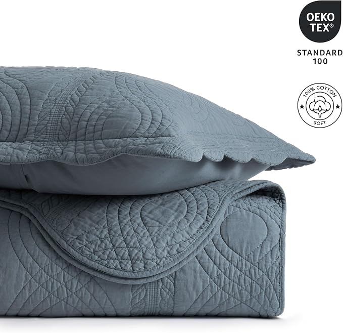 EverGrace 100% Cotton Scallop Quilt Set, King Size, Stormy Blue | Scalloped Border, Timeless Chic Aesthetic, All-Season Comfort, Perfect French Country Bedroom Decor, 3 Piece Set with 2 Shams