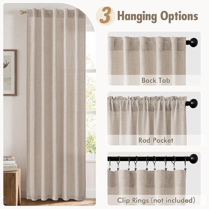 MIULEE Faux Linen Curtains 96 Inch Length 2 Panels Natural Semi Sheer Curtain with Back Tab Rod Pocket, Light Filtering Window Privacy Burlap Drapes for Living Room Bedroom 42W x 96L Linen