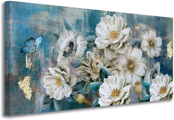 Arjun Flower Canvas Wall Art for Bedroom White Elegant Teal Picture, Textured Floral Magnolia Aesthetic Painting Living Room Wall Decor Turquoise Large Artwork Dining Room Home Office 48"x24"
