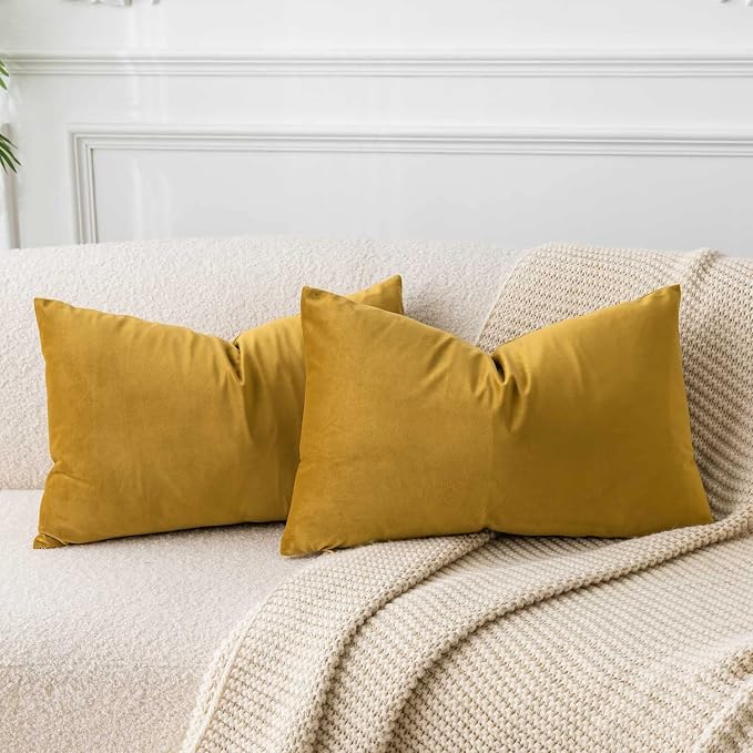 JUSPURBET 16x24 Lumbar Velvet Throw Pillow Covers Set of 2,Mustard Yellow