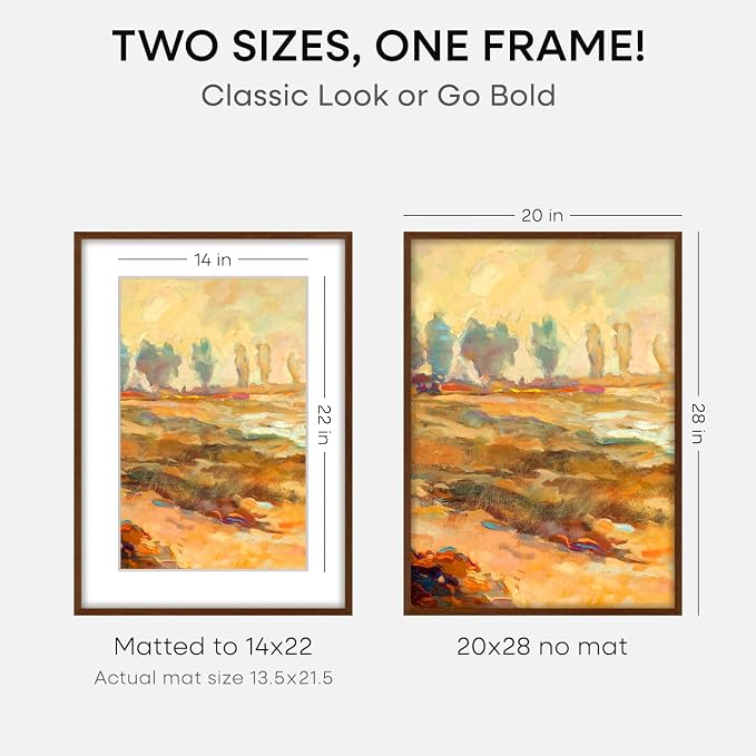Homeforia 20x28 Brown Oak Picture Frame, High-End Wood, 14x22 Mat, Glass