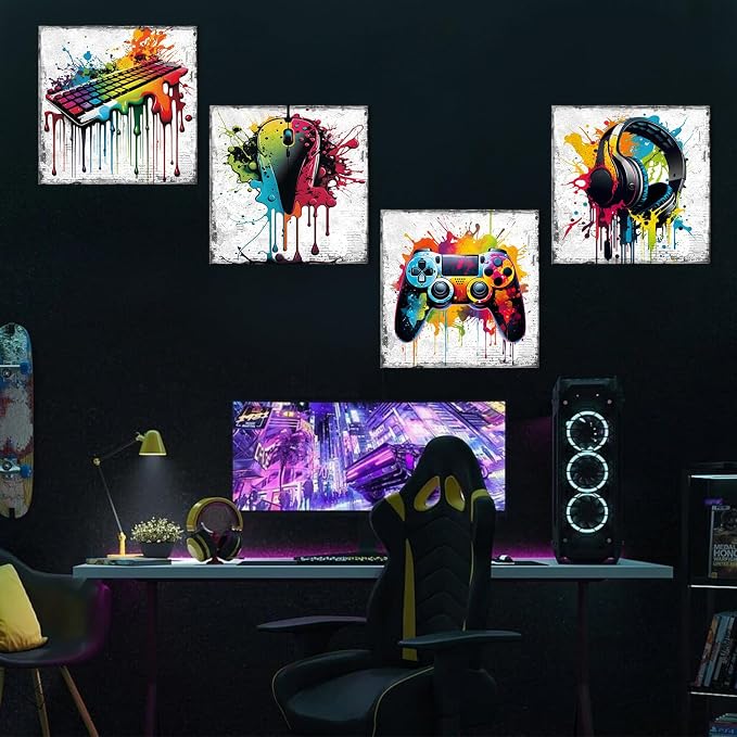 Banksy Gaming Wall Art Game Room Decor for Boys Graffiti Gamer Playroom Wall Decor Cool Gamepad Headphones Canvas Pictures Street Pop Painting Modern Artworks Bedroom Home Decorations 16x16" 4 Pieces