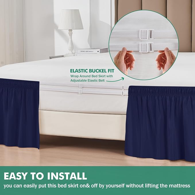 Wrap Around King Size Bed Skirt Split Corner 14" Drop-Elastic Dust Ruffle | Navy Adjustable Pleated Bedskirt-Easy Fit Wrinkle Resistant Washable Fabric Bed Skirting-Master Guest Bedroom Couples Hotels