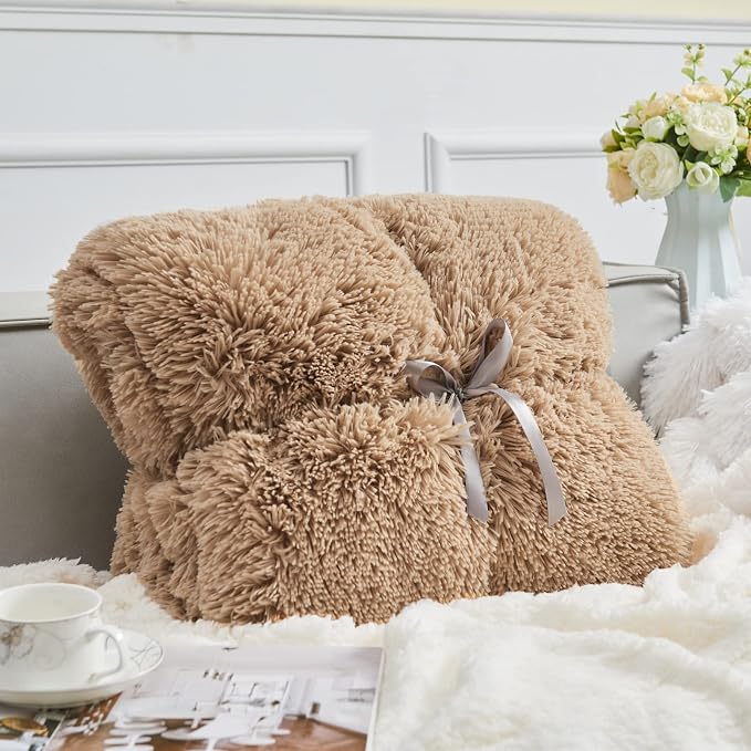 GONAAP Fuzzy Faux Fur Queen Blanket for Couch, Brown, 90"x90" | Warm Cozy Plush Shaggy Decorative Reversible Thick Non-Heated Fleece Blanket for Sofa Bed, Gift for Women Men, All Season Use