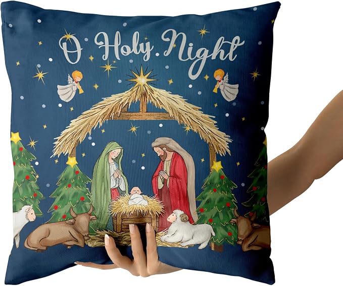 Giwawa Christmas Pillow Covers Pack of 2 20x20 Inch O Holy Night Jesus Nativity Decorative Throw Pillow Cases Xmas Blue Winter Holiday Cotton Soft Cushion Covers for Sofa Couch Patio Season