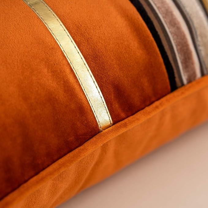 Yangest Orange Striped Patchwork Throw Pillow Cover Gold Leather Cushion Cover Zippered Pillowcase for Sofa Couch Bedroom Living Room Home Decoration,20x20 Inch