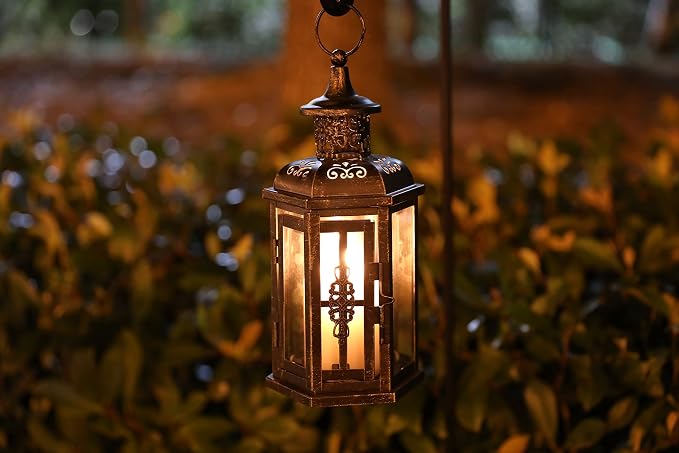 JHY DESIGN Decorative Lanterns-10inch High Vintage Style Hanging Lantern, Metal Candleholder for Indoor Outdoor, Events, Parities and Weddings(Black with Gold Brush)