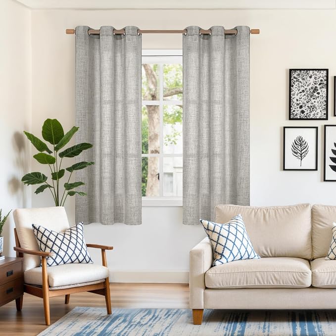 YoungsTex Dark Grey Linen Semi Sheer Curtains 42 X 63 Inch Length | Textured Light Filtering Drapes with Bronze Grommet for Short Living Room Bedroom Window, 2 Panels