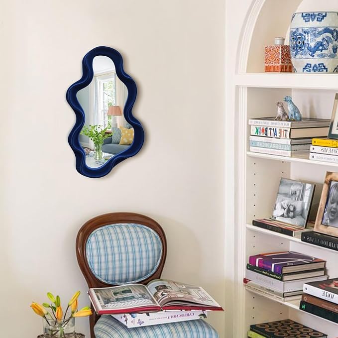 Irregular Wall Mirror Living Room Decor, Decorative Wavy Funky Mirrors with Flocking Touch, Modern Asymmetrical Mirror for Hallway Entryway Staircase Bathroom Bedroom (Dark Blue)