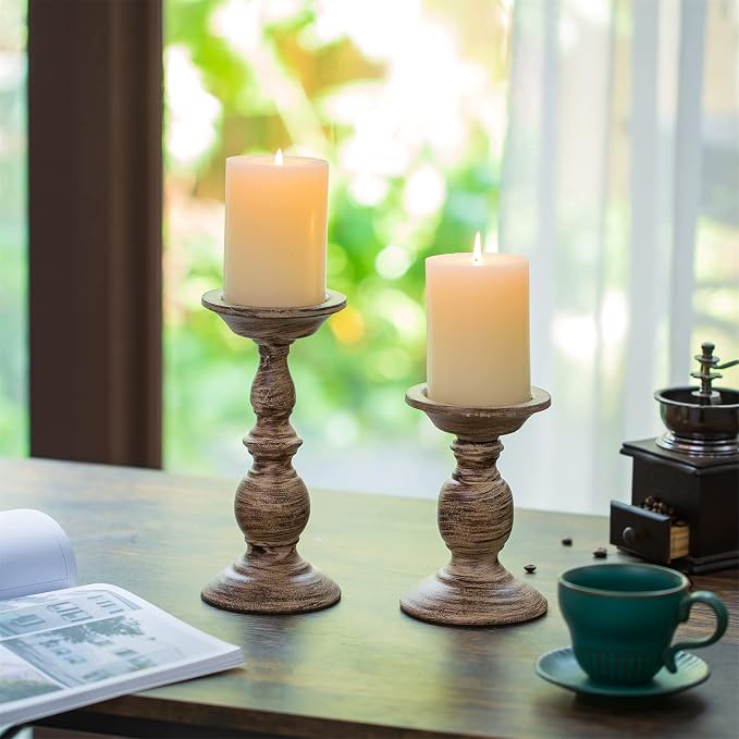Sziqiqi Vintage Pillar Candle Holders Distressed Metal Candleholder Set